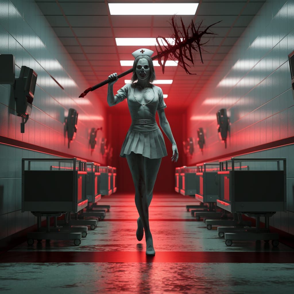 Undead Nurse Emerges from Red-Lit Emergency Room