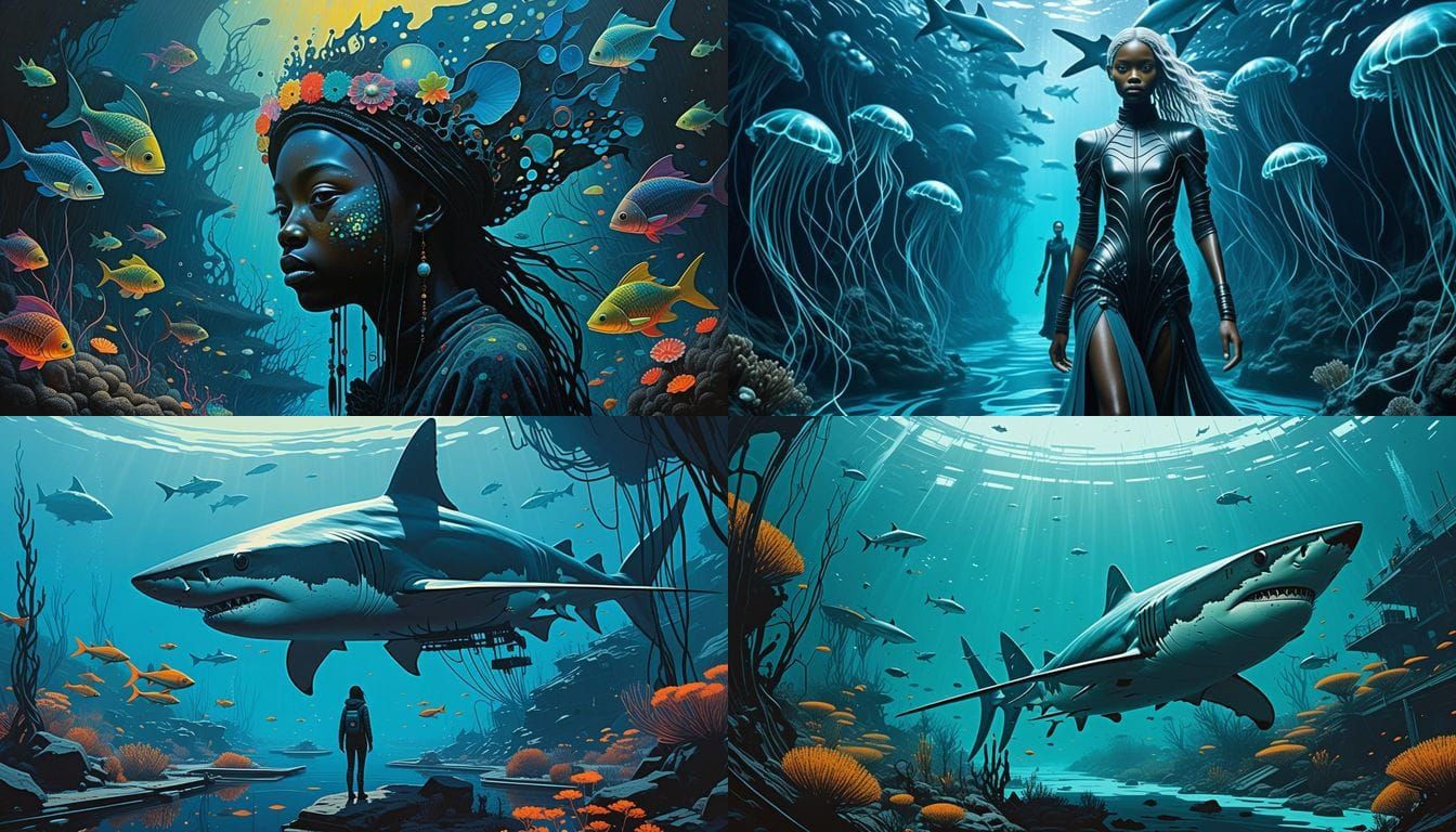 Shark-Skinned Human Diver in a Neptune Underwater Colony