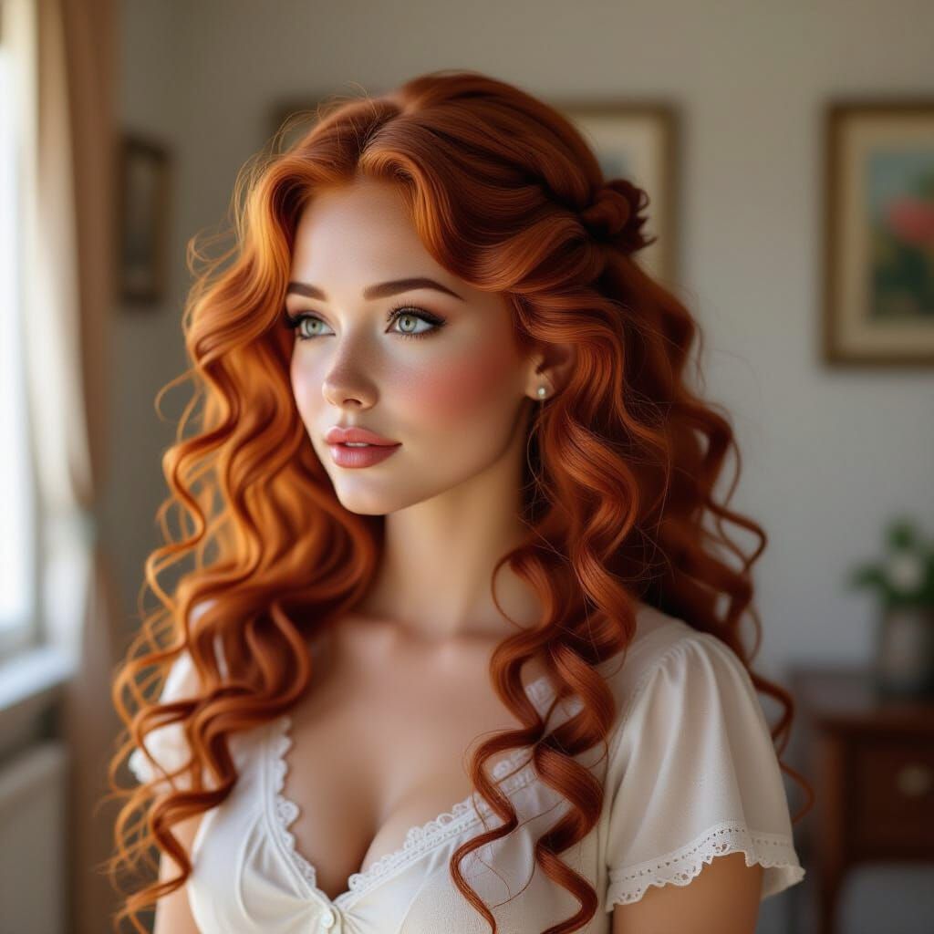 Photorealistic Woman with Curly Red Hair in Detailed Room