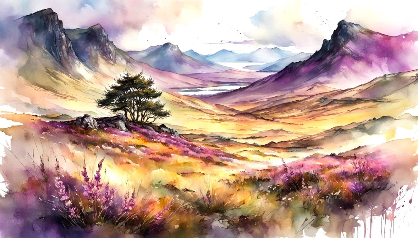 Scottish Highlands Heather in Watercolour Style