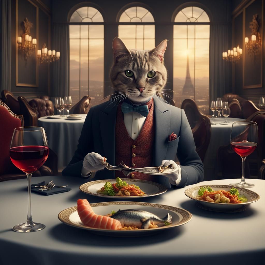 Sophisticated Cat Enjoys Fine Dining, Digital Painting