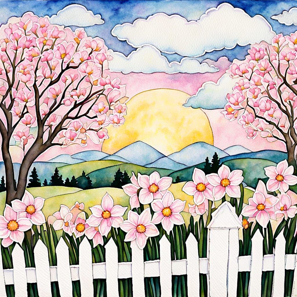 Pink Watercolour Daffodils Amidst Blossoming Sakura