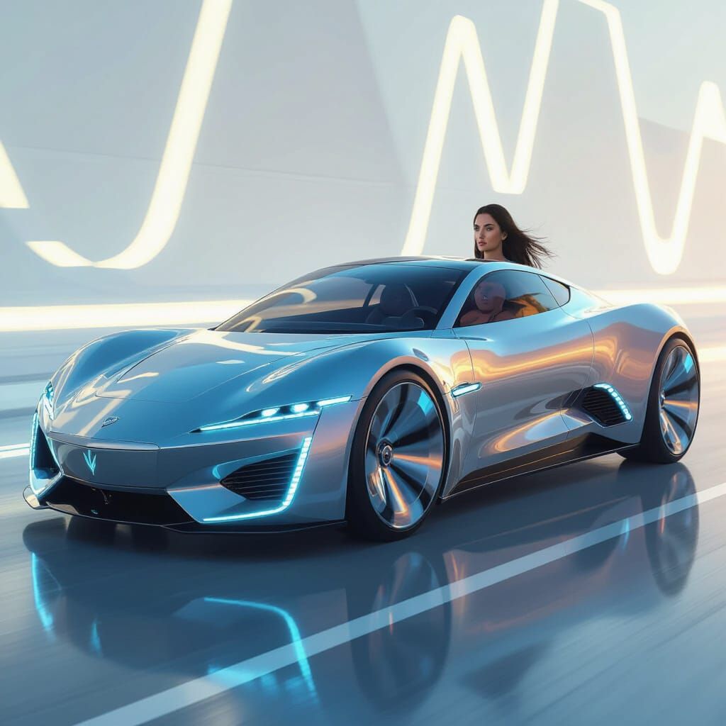 Futuristic Woman Drives Art Deco Car