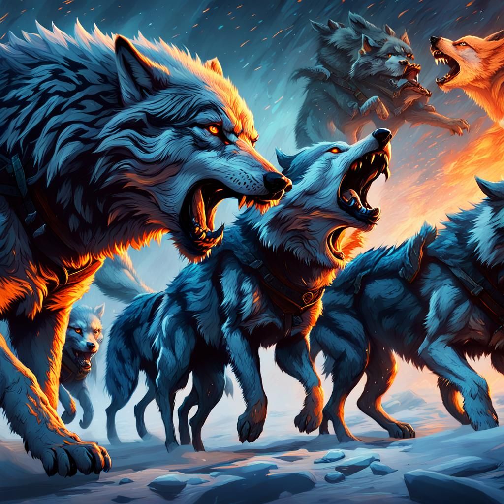Dire Wolves Attack Warrior in a Fantasy Battle