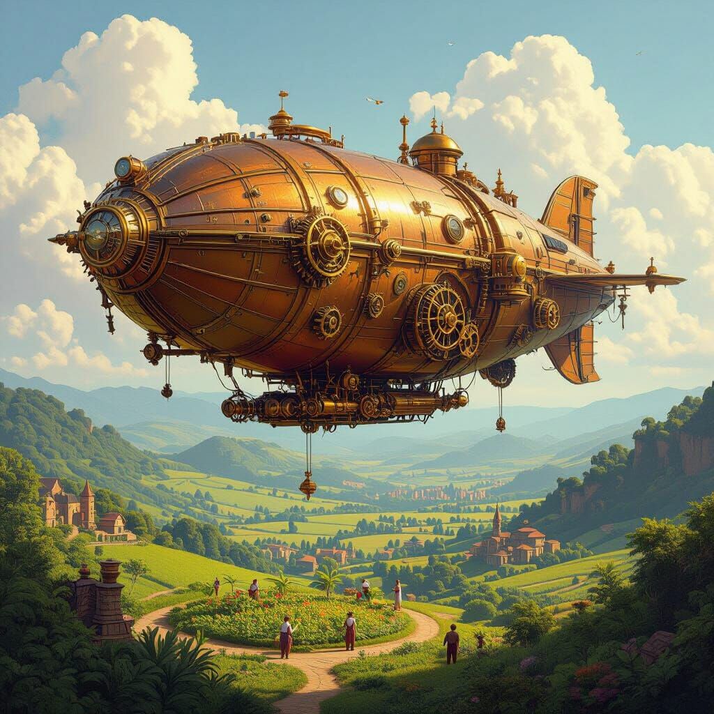 Steampunk Airship Over Verdant Valley in Detailed Style