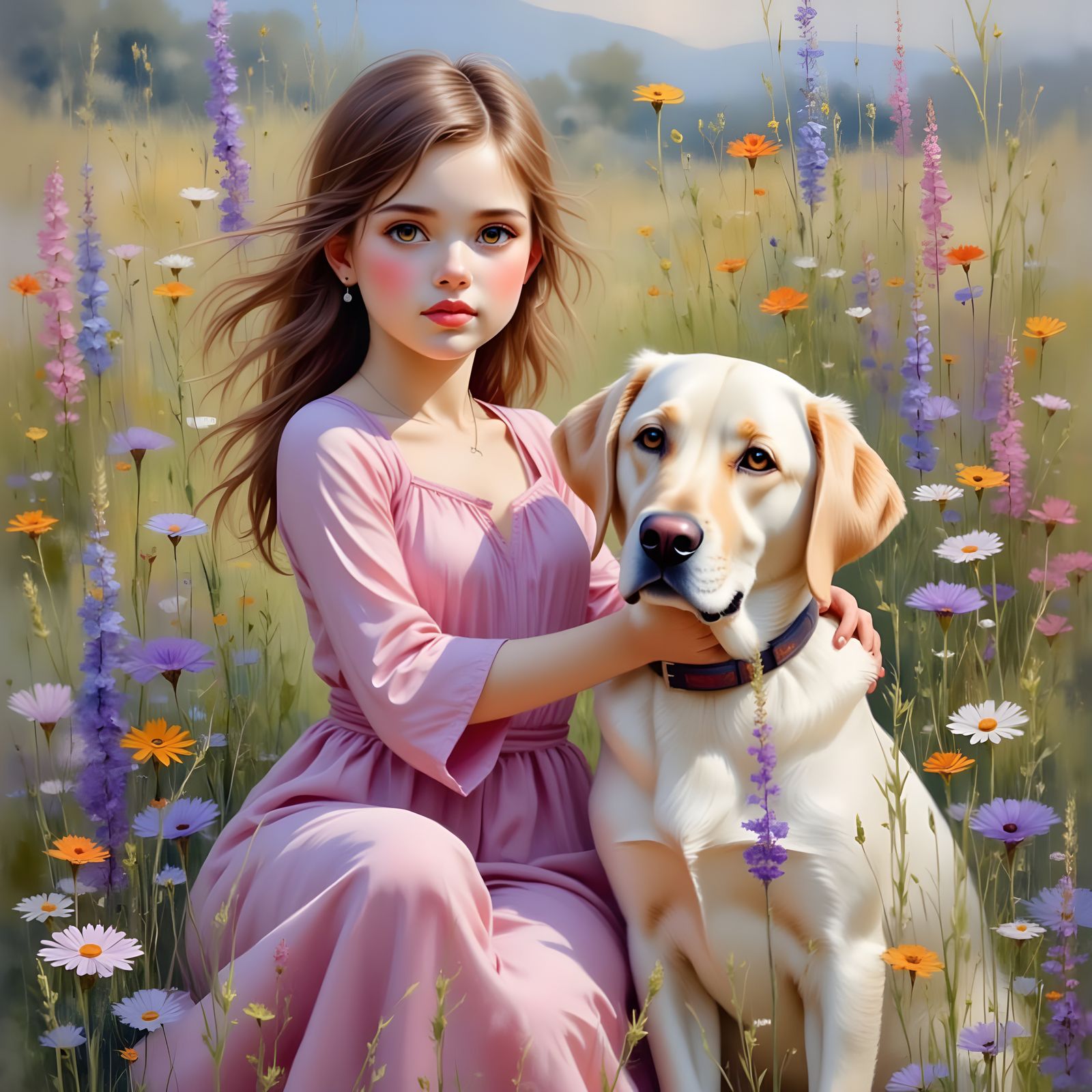 Toddler and Puppy in Wildflower Landscape as Impasto Paintin...