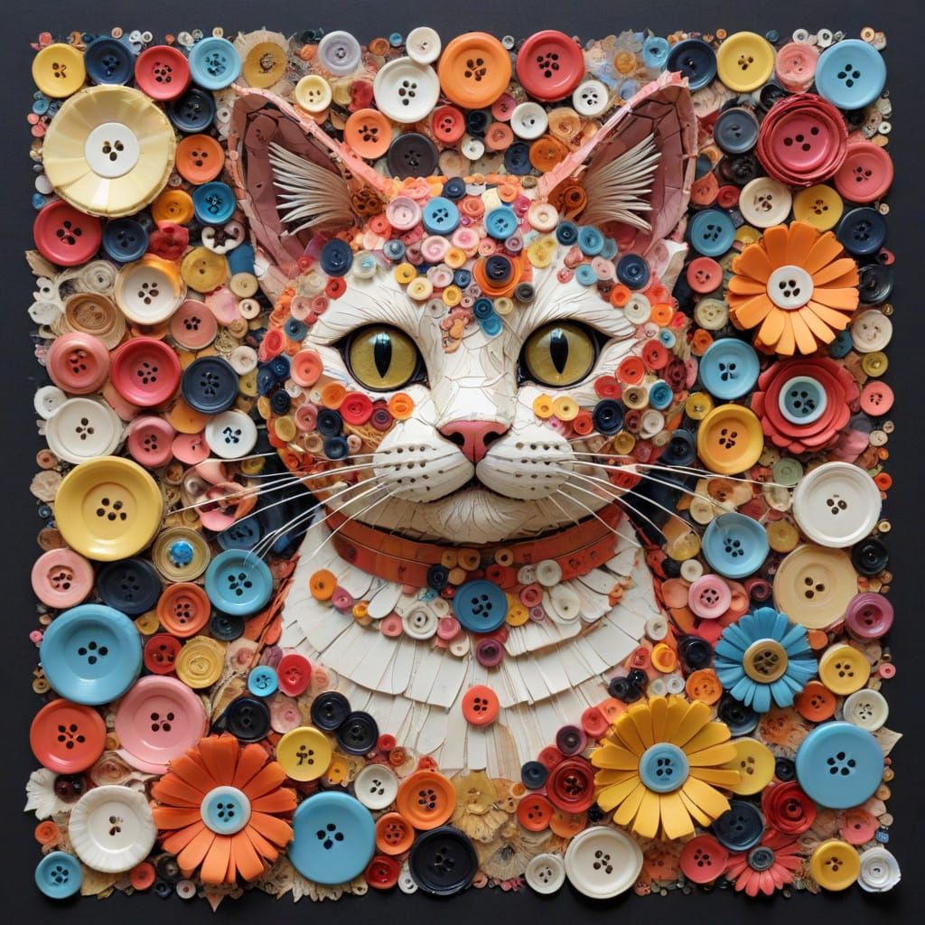 Button and Flower Feline in Vintage Aesthetic