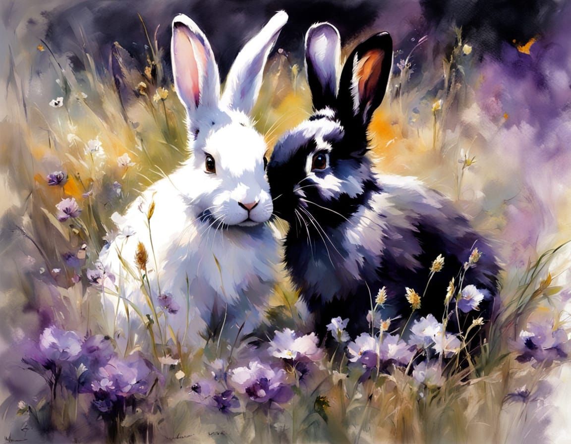 Cute Fluffy Rabbits in a Field of Purple Flowers