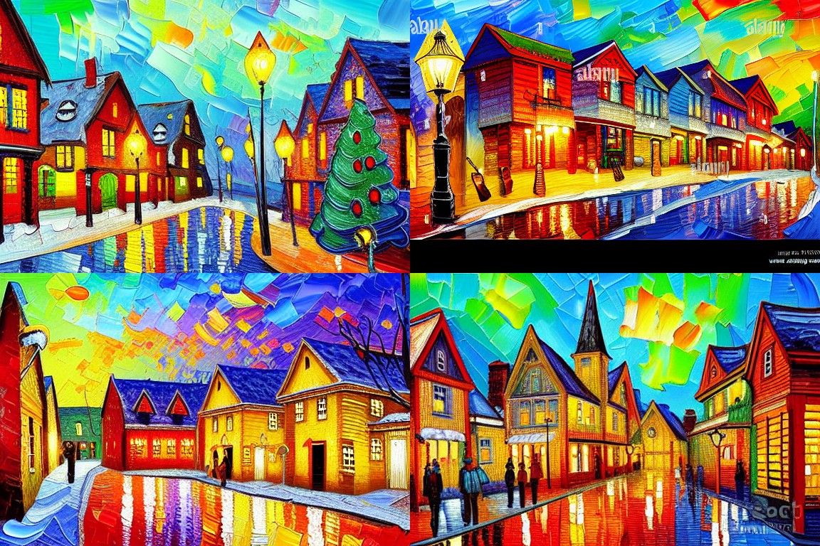 Victorian Village Christmas Eve in Impasto Style