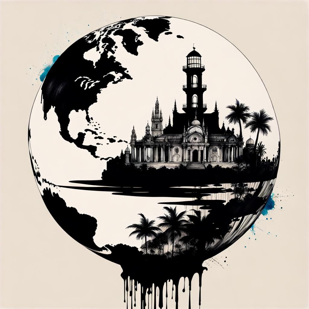 Ink Blot Globe with Gothic Details in Watercolor Style