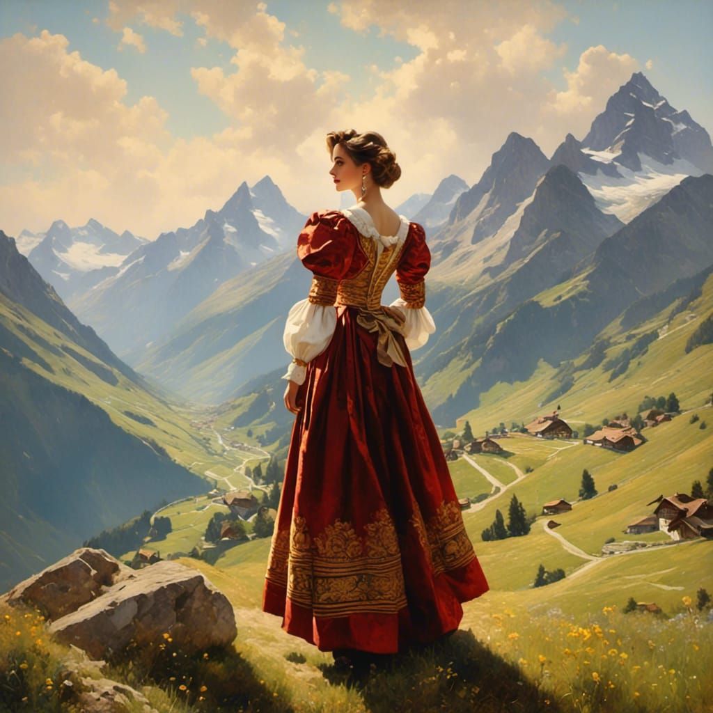 Swiss Woman in Alpine Landscape at Sunrise