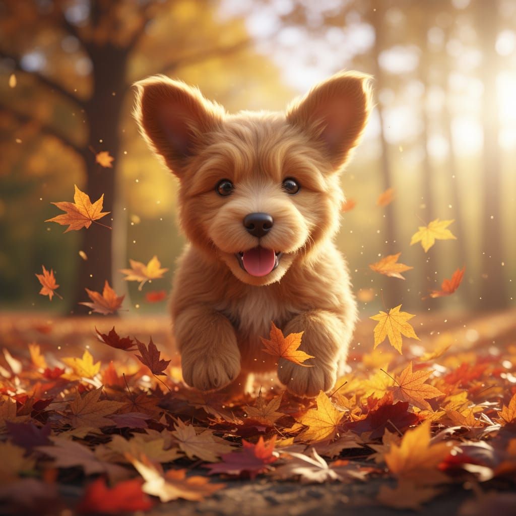 Adorable CGI Puppy Plays in Vibrant Autumn Leaves