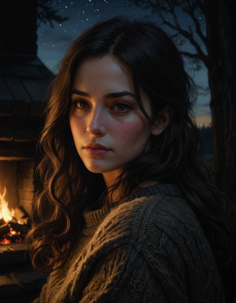 Chiaroscuro Oil Painting: Woman by Fireplace Under Stars