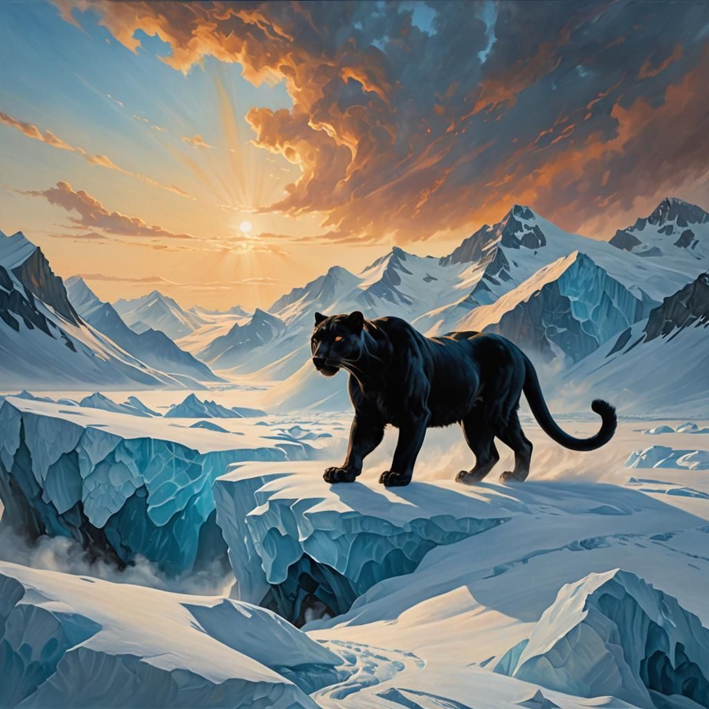 Black Panther Roaming Arctic Glaciers: Mystical Oil Painting