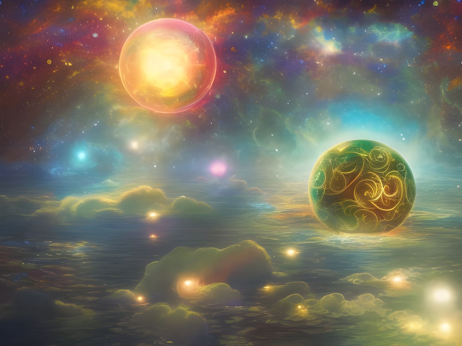 Radiant Orbs of Light in Fantasy Landscape