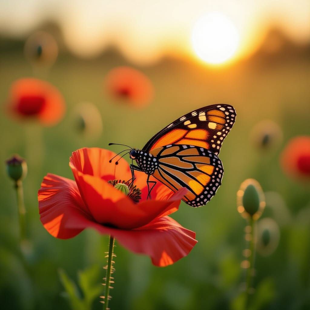 Monarch Butterfly on Red Poppy in Golden Hour Meadow