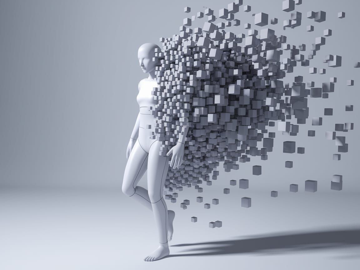 Digital Art of Humanoid Disintegrating into Cubes