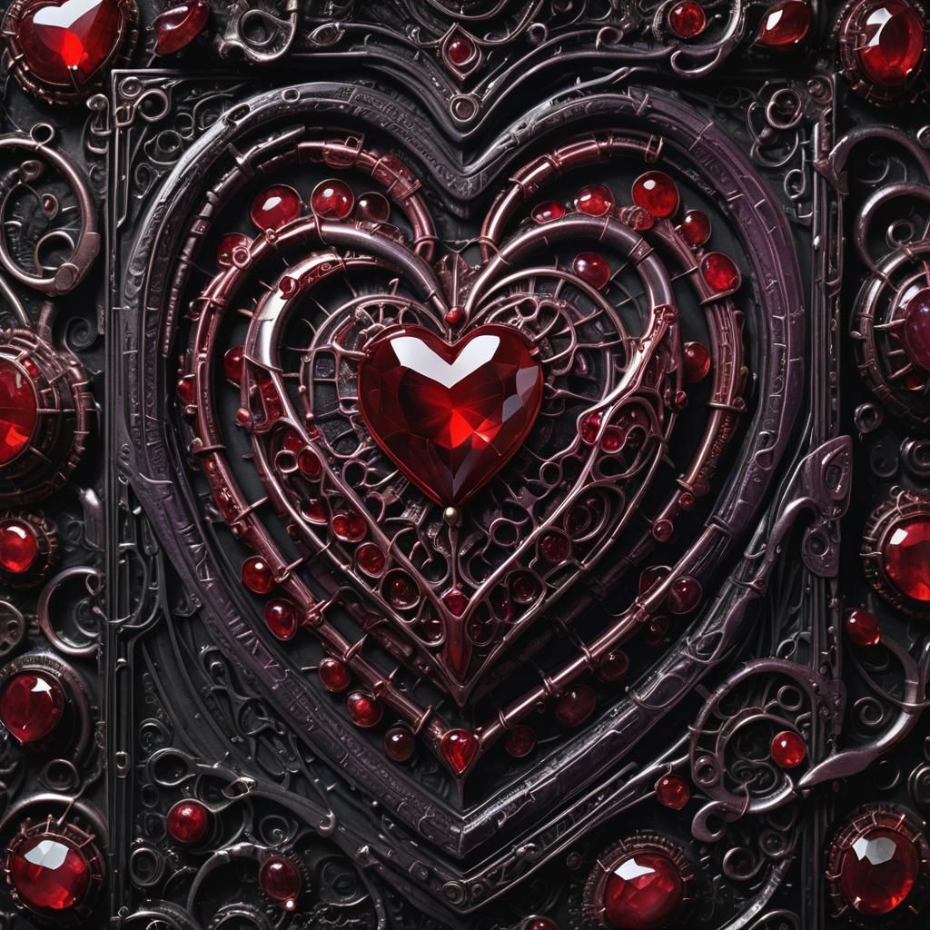 Ruby Heart in Ornate Box: Dark Biomechanical Style