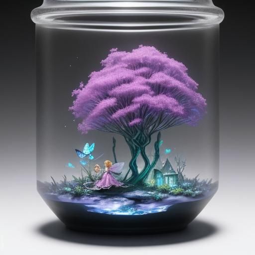 Miniature Fairy Village in Glass Jar, Hyperrealistic