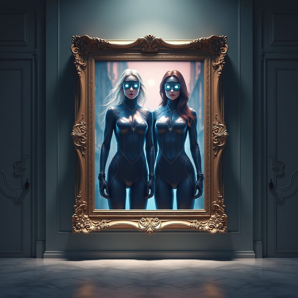 Twin Superheroines Portrait in Empty Room, Matte Painting