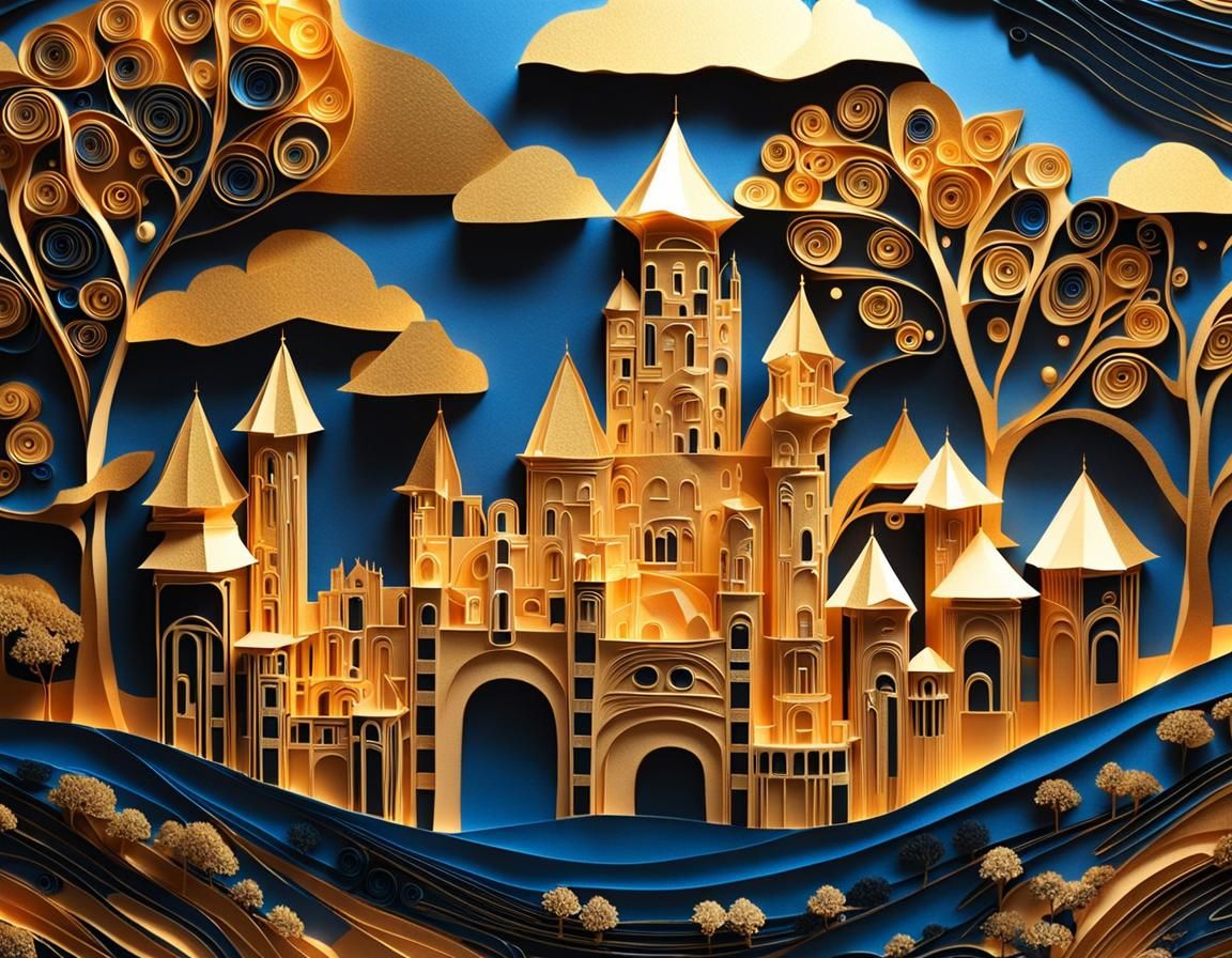 Golden Fortress Kirigami in Klimt Style