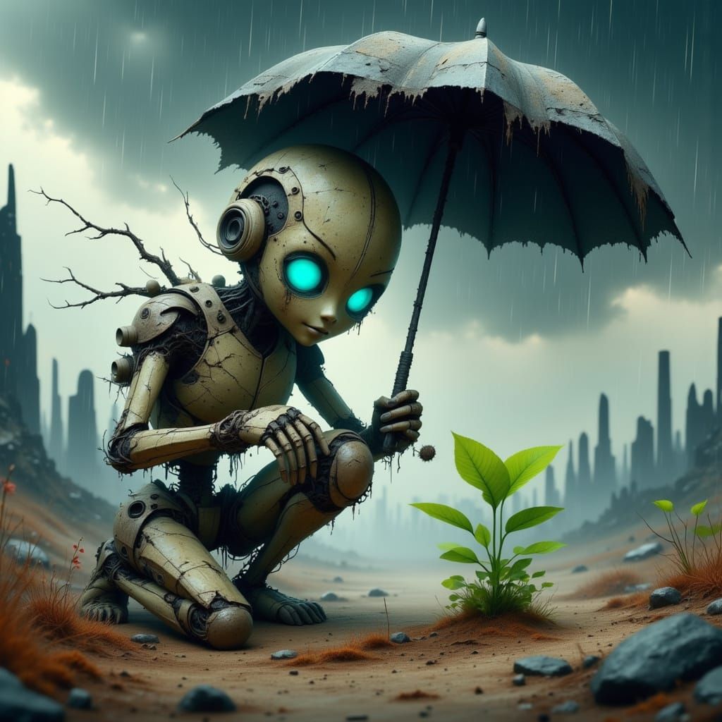 Cute Robot Protects Sprout in Wasteland