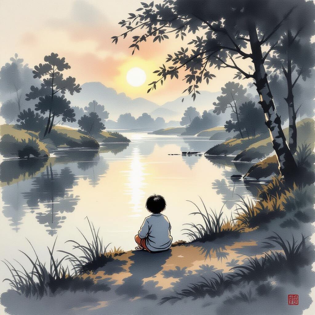 Child by Riverbank in Ethereal Light, Japanese Ink Painting ...