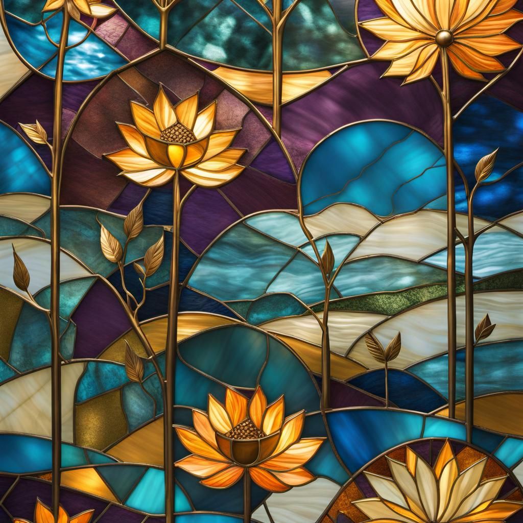 Stained Glass Abstract with Geometric Shapes and Landscape