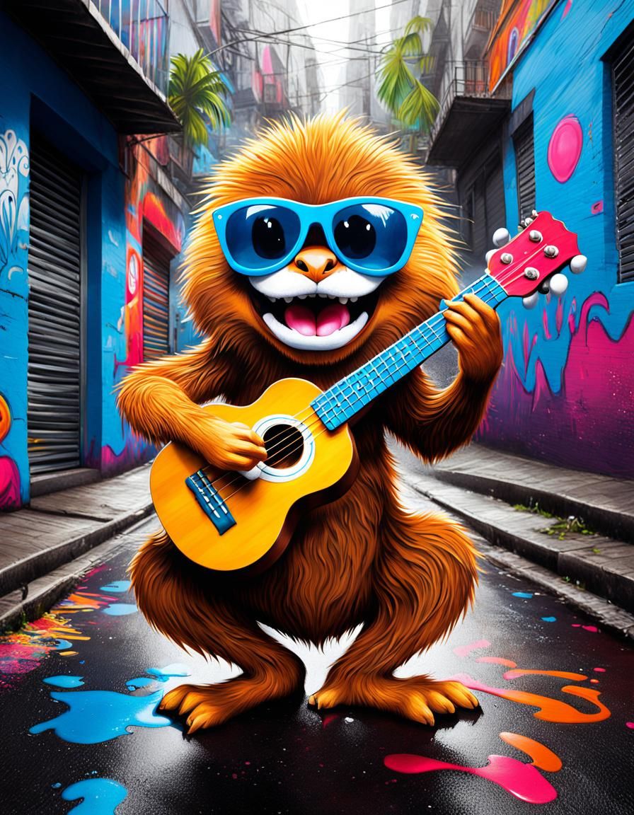 Coconut Plays Ukulele in Graffiti Street Art
