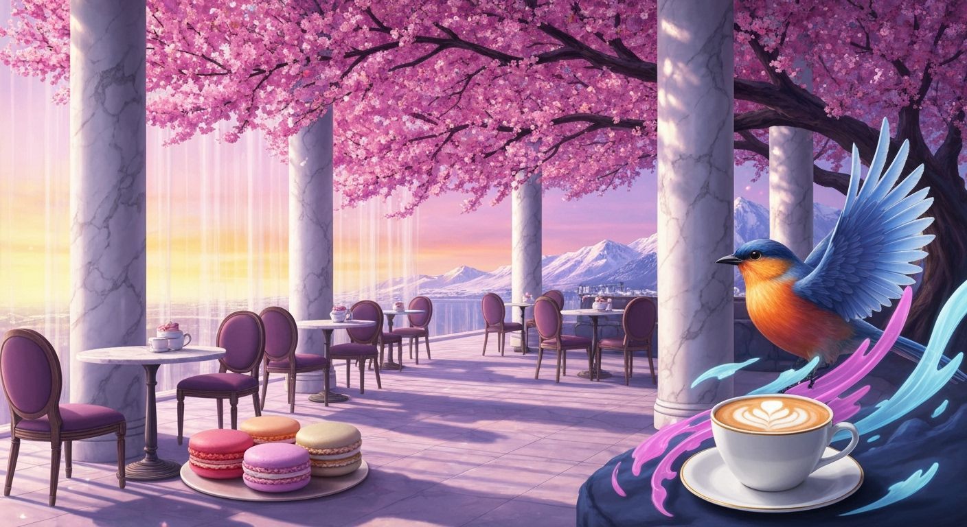 Cafe Under Cherry Blossoms at Sunset in Leroy Neiman Style