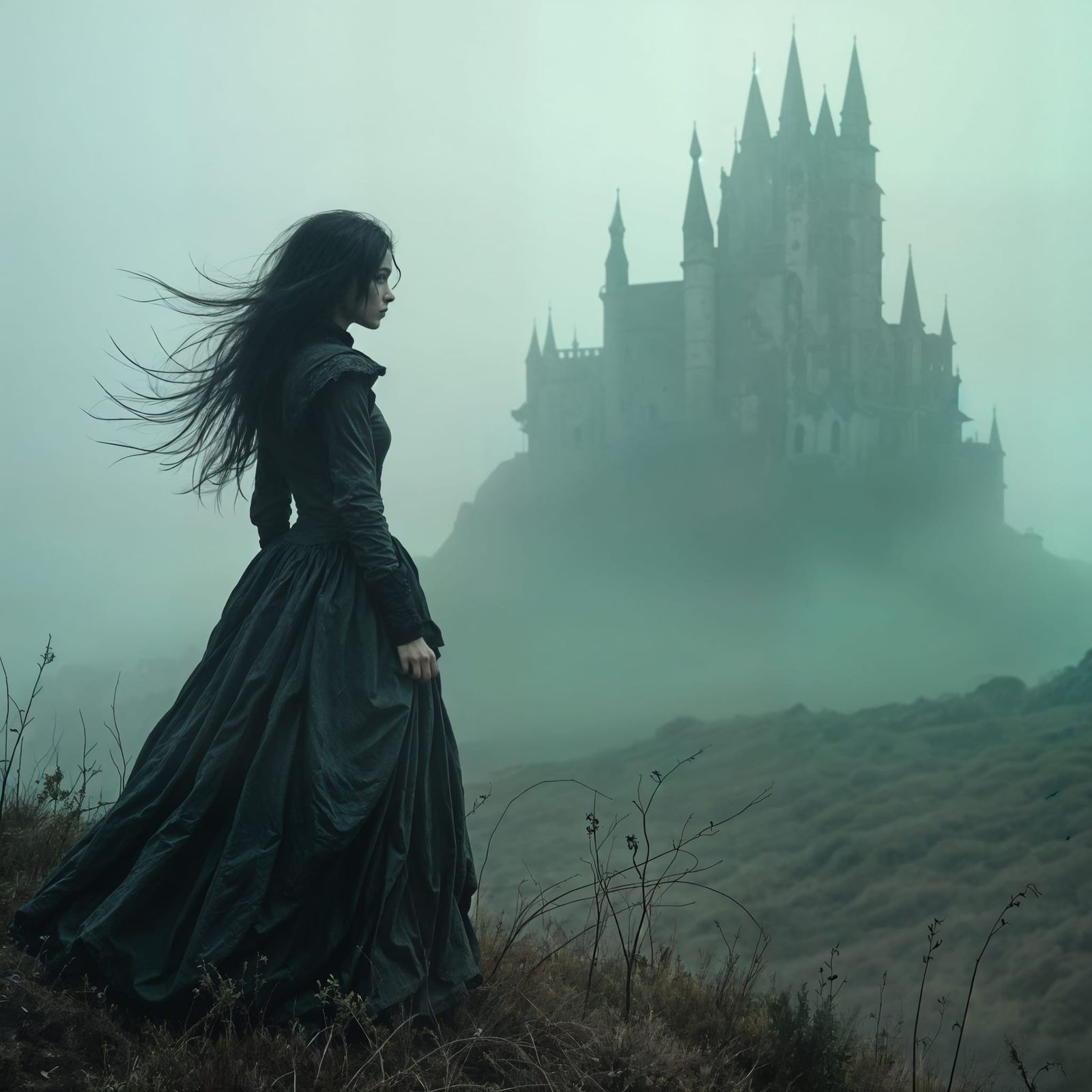 Victorian Goth Figure on Misty Moor