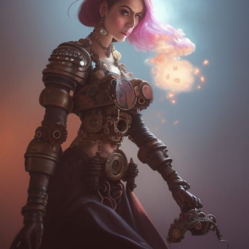 Steampunk Woman in Octopus Armor, Hyperdetailed Digital Art