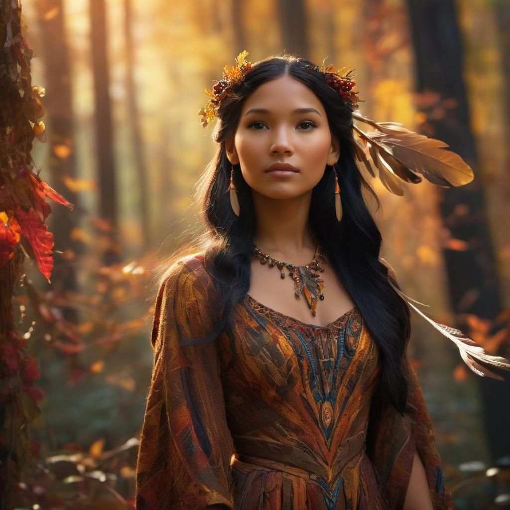 Pocahontas in Autumnal Forest: Fantasy Concept Art