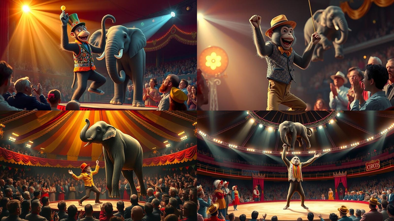 Monkey Balances Elephant in Circus Spotlight