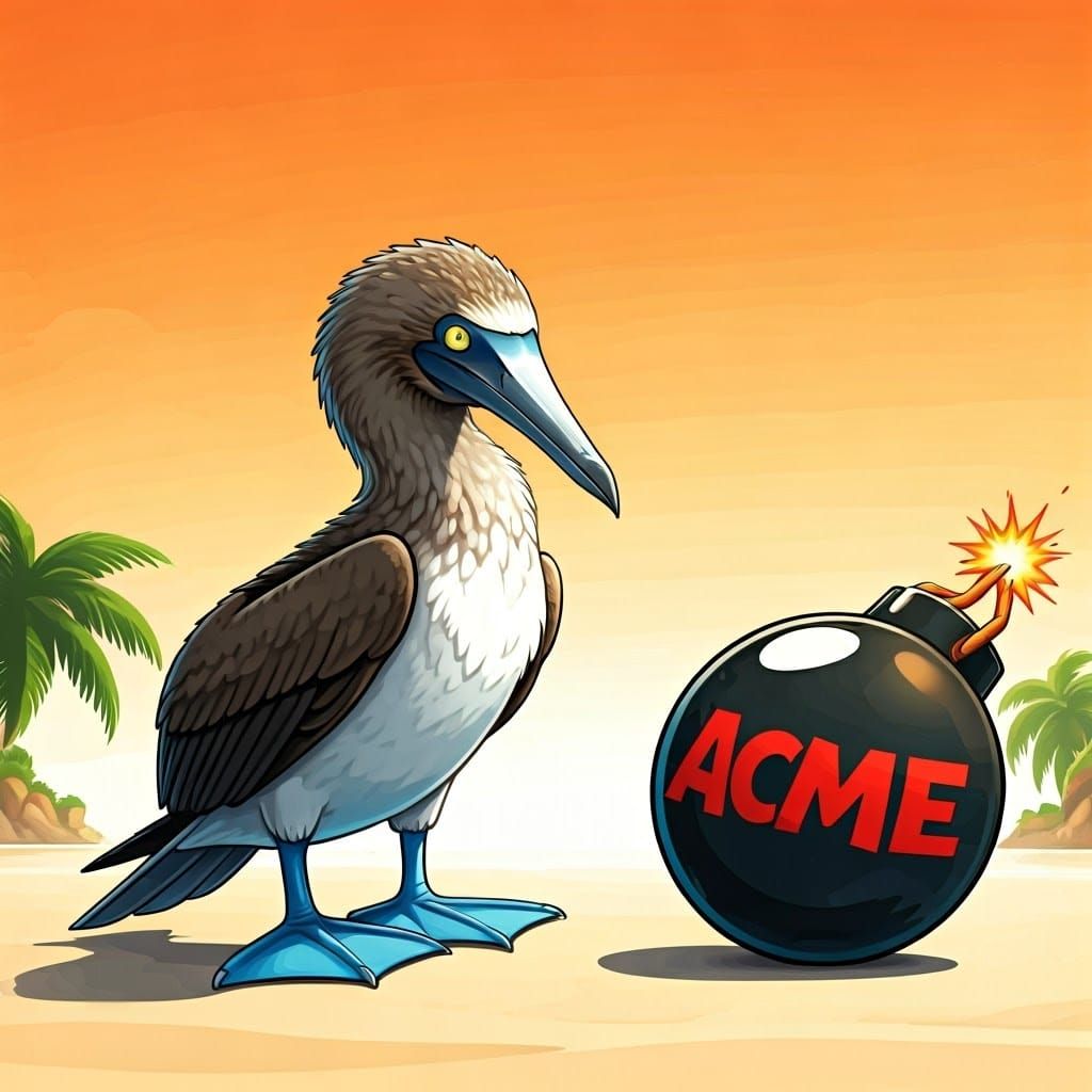 A Blue Footed Booby examining a cartoon bomb with the word '...