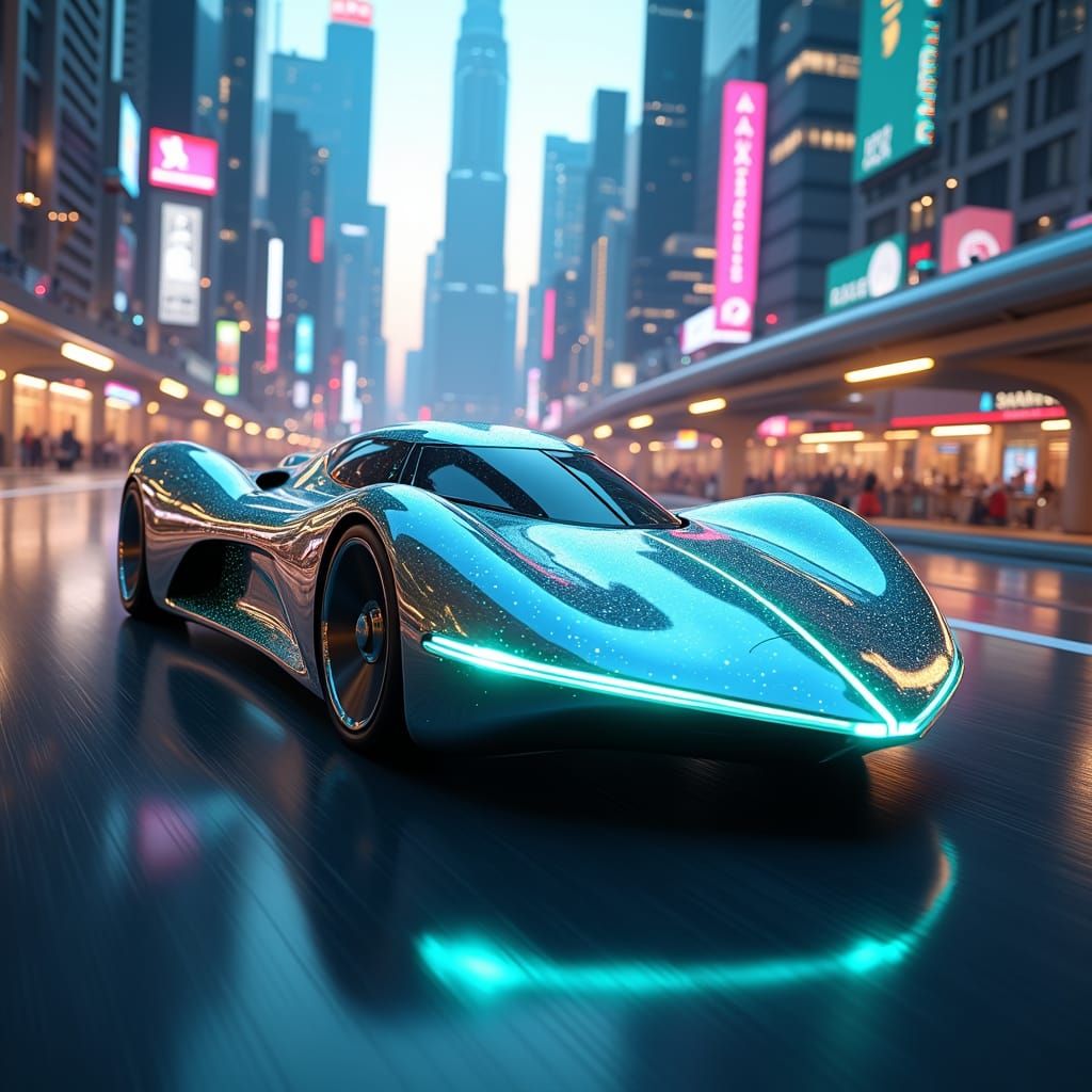 Futuristic Car Speeds Through Neon Cityscape