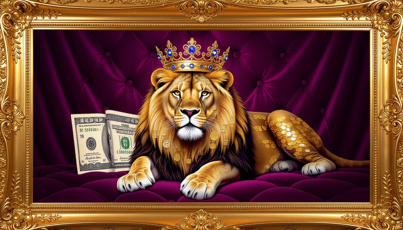 Majestic Lion Portrait Adorned with Gold Coins and Currency