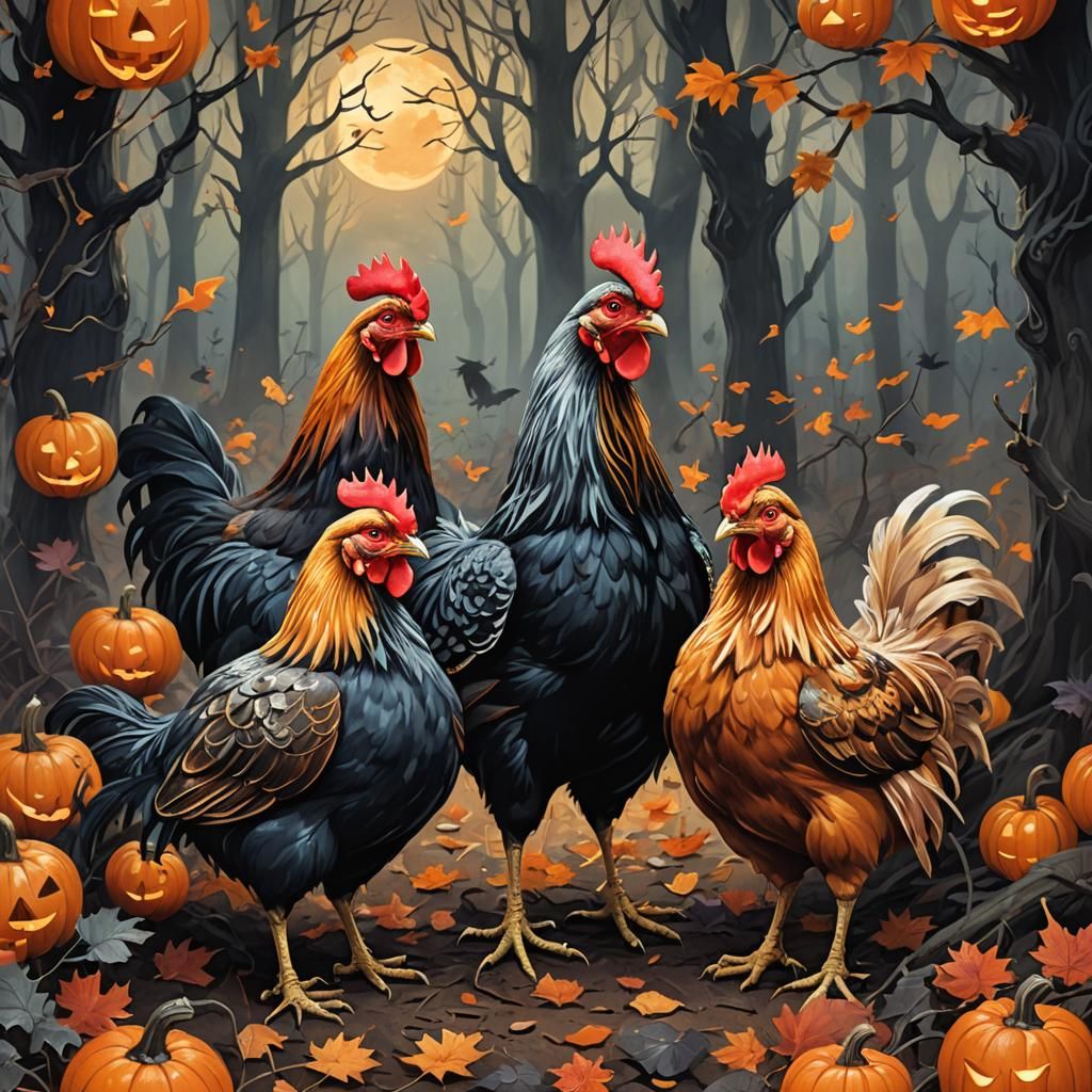 Halloween Chickens in Spooky Forest Illustration