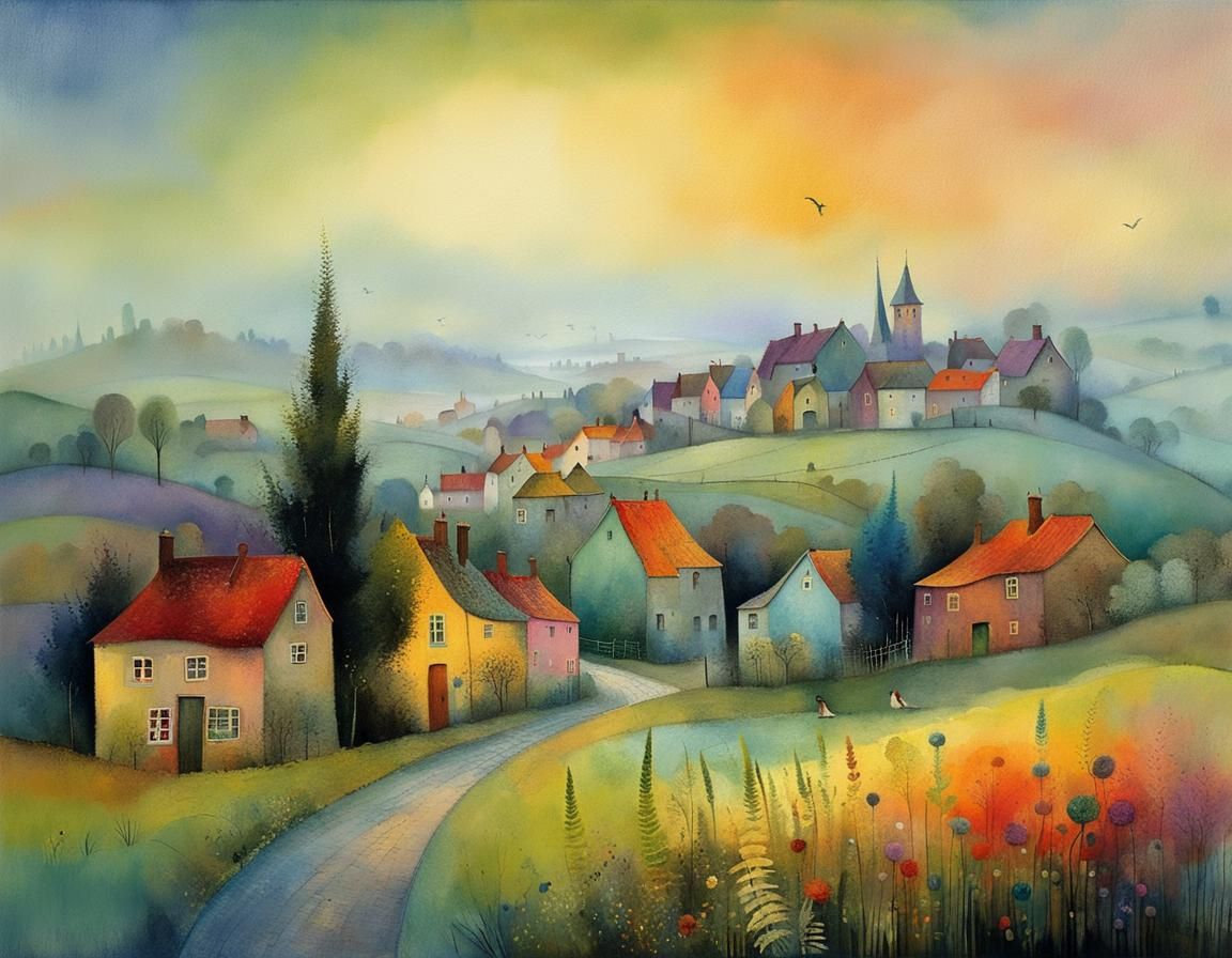 Foggy Village Twilight: Whimsical Illustration in Pastel Col...