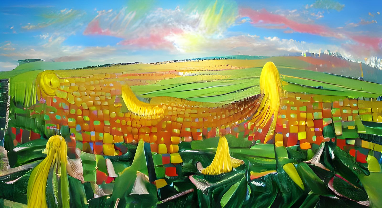 Colorful Cornfield in Sunlight: Oil Painting
