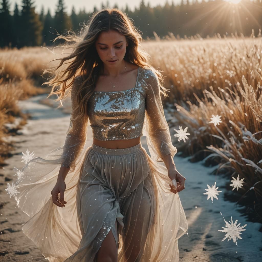 Woman Walks Making Ice Crystals in Golden Light