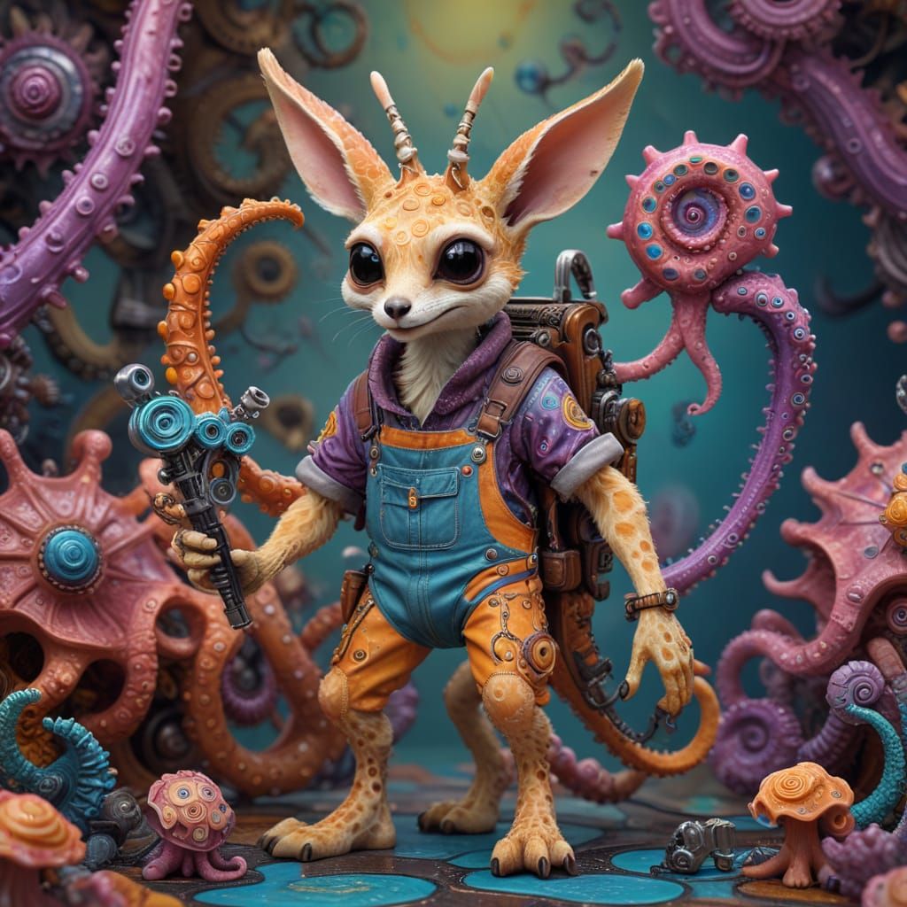 Whimsical Snail Giraffe Hybrid Stepped on Psychedelic Octopu...