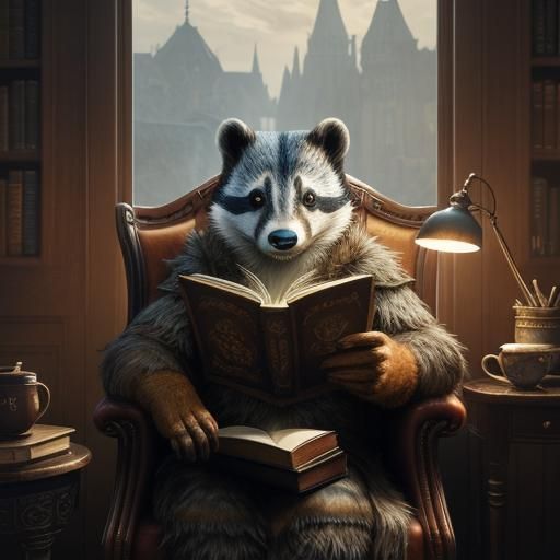 Badger Reading a Book: Cozy Fantasy Art