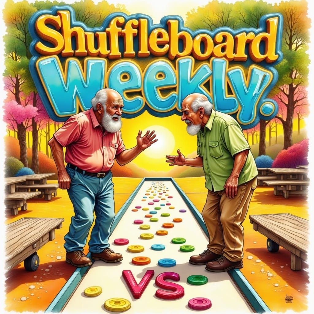 Elderly Men Duel on Shuffleboard Court in Vibrant Showdown