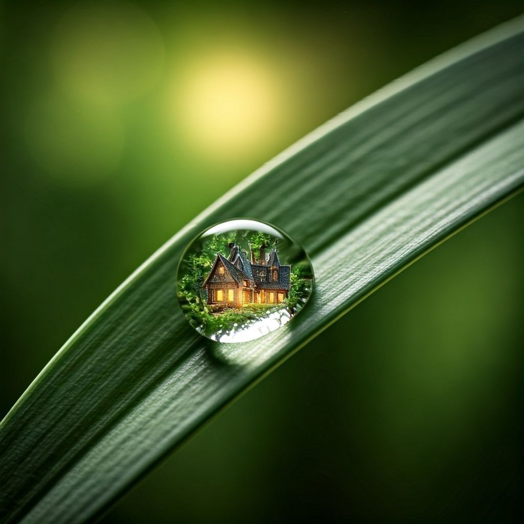 Miniature World Inside Dewdrop on Leaf