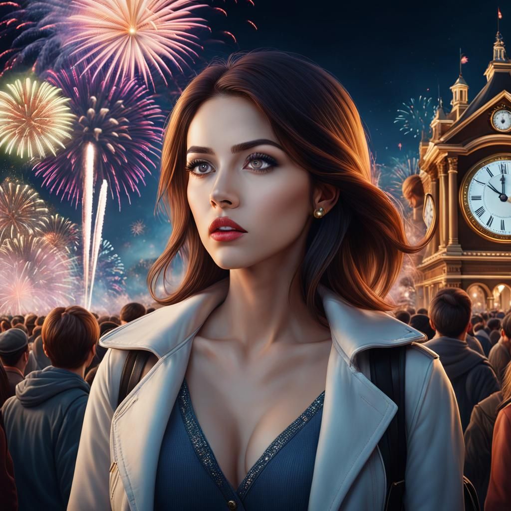 Woman Watches Midnight Countdown with Fireworks