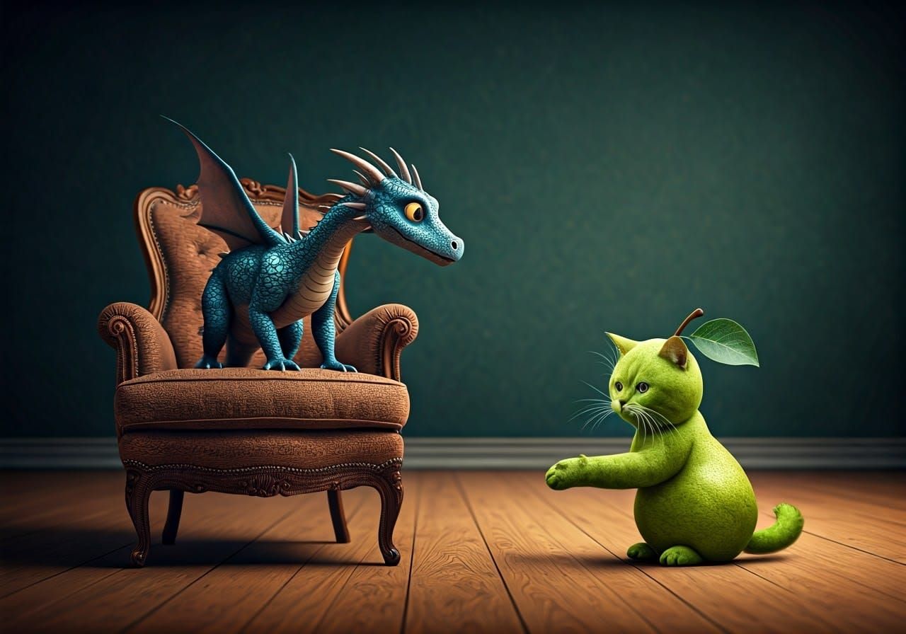 Surreal Dragon Observes Fuzzy Cat-Pear Hybrid in Hyperrealis...