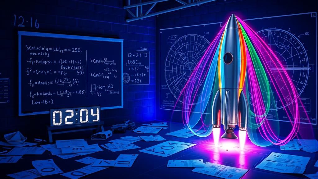 Eerie Rocket Blueprint with Glowing Math Equations