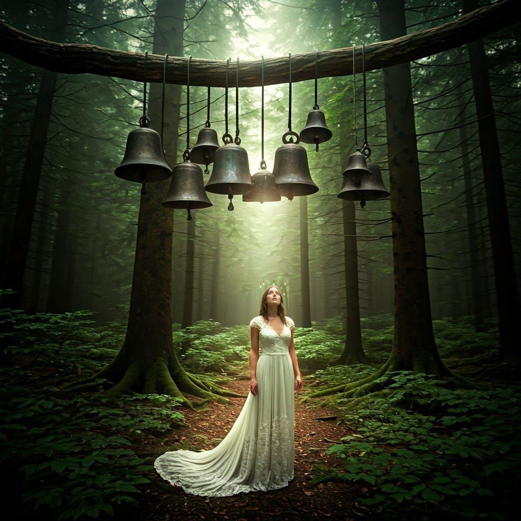 Serene Woman in Whimsical Forest of Glistening Bells