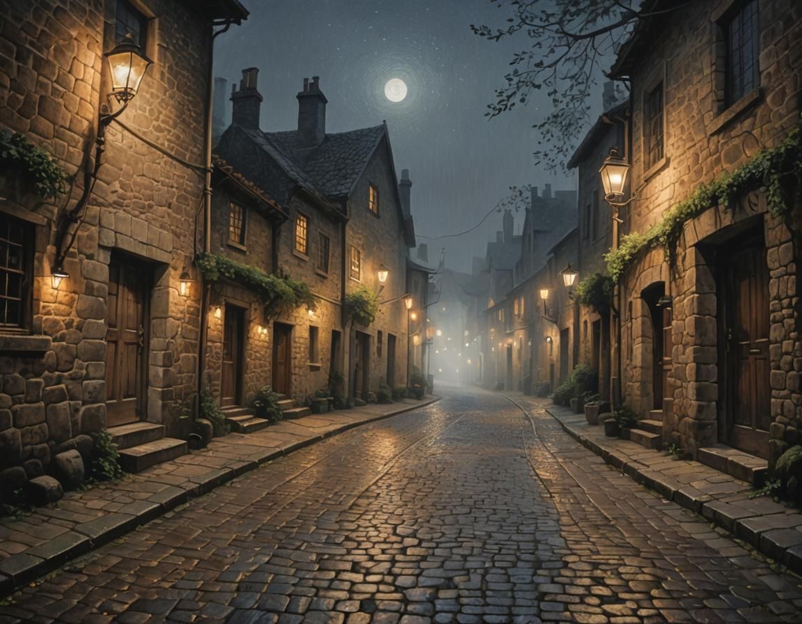 Eerie Village Lane at Night in Pointillism Style